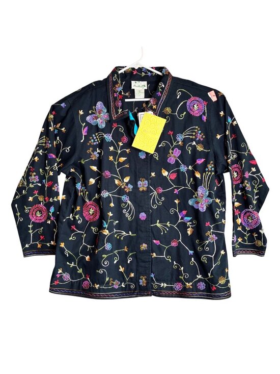 The Quacker Factory Jackets & Blazers - The Quacker Factory Womens Black Embroidered Floral Jacket 1X 100% Cotton Long S